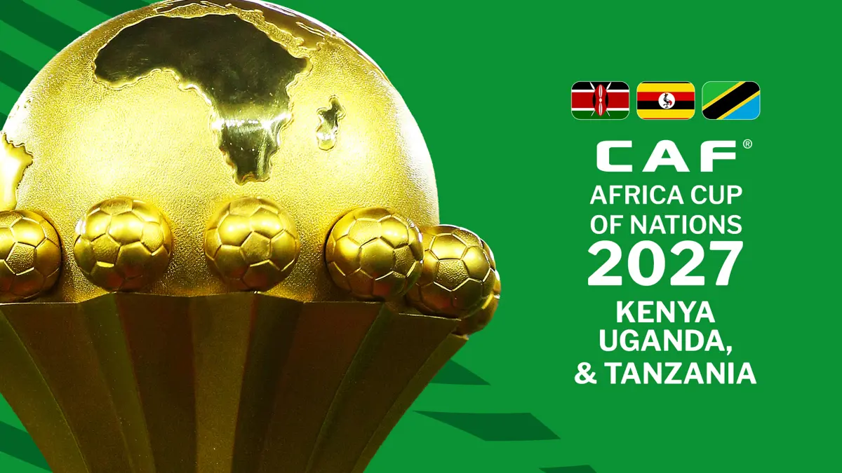 CAF Africa Cup Of Nations 2027 Poster With A Gold Trophy And Host Nations Kenya, Uganda, And Tanzania.